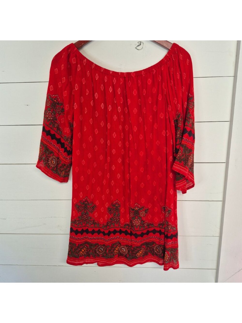 La Cera Boho Red Tunic top With Floral Border Print 3/4 Sleeves Size L - Picture 5 of 6